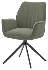 Grüner Armlehnstuhl mit geripptem Stoffbezug und schwarzem Metallgestell, seitliche Perspektive