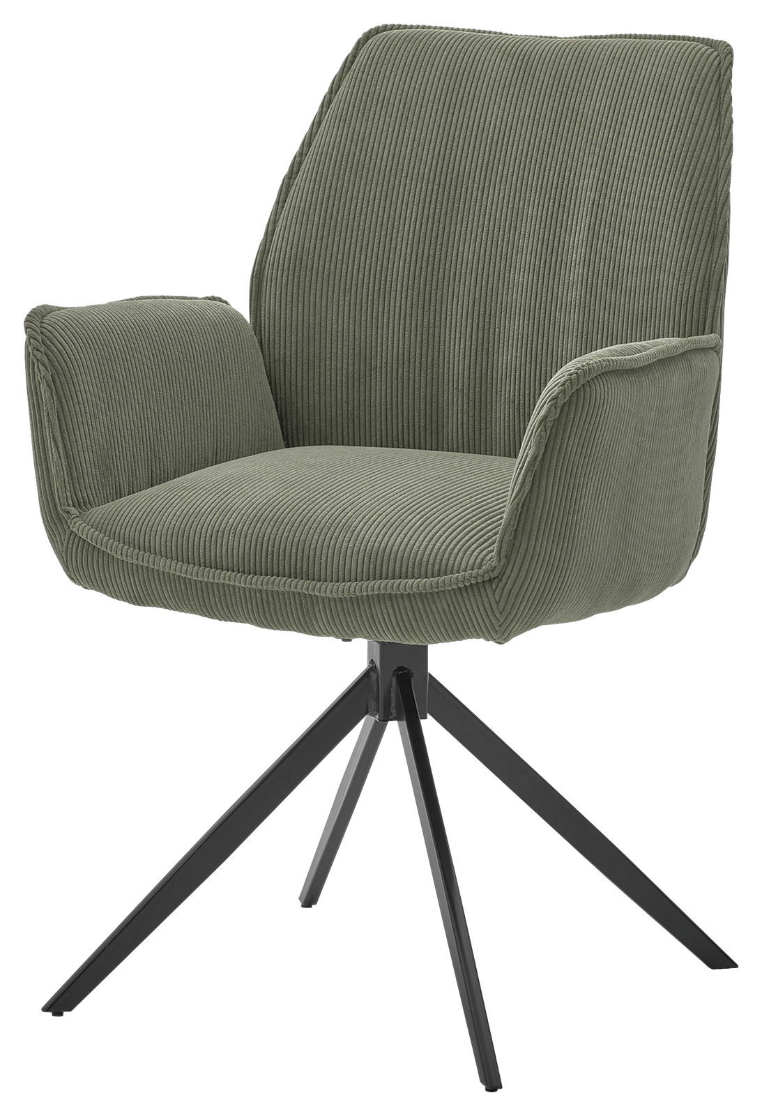 Grüner Armlehnstuhl mit geripptem Stoffbezug und schwarzem Metallgestell, seitliche Perspektive