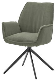 Grüner Armlehnstuhl mit geripptem Stoffbezug und schwarzem Metallgestell, seitliche Perspektive