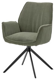 Grüner Armlehnstuhl mit geripptem Stoffbezug und schwarzem Metallgestell, seitliche Perspektive