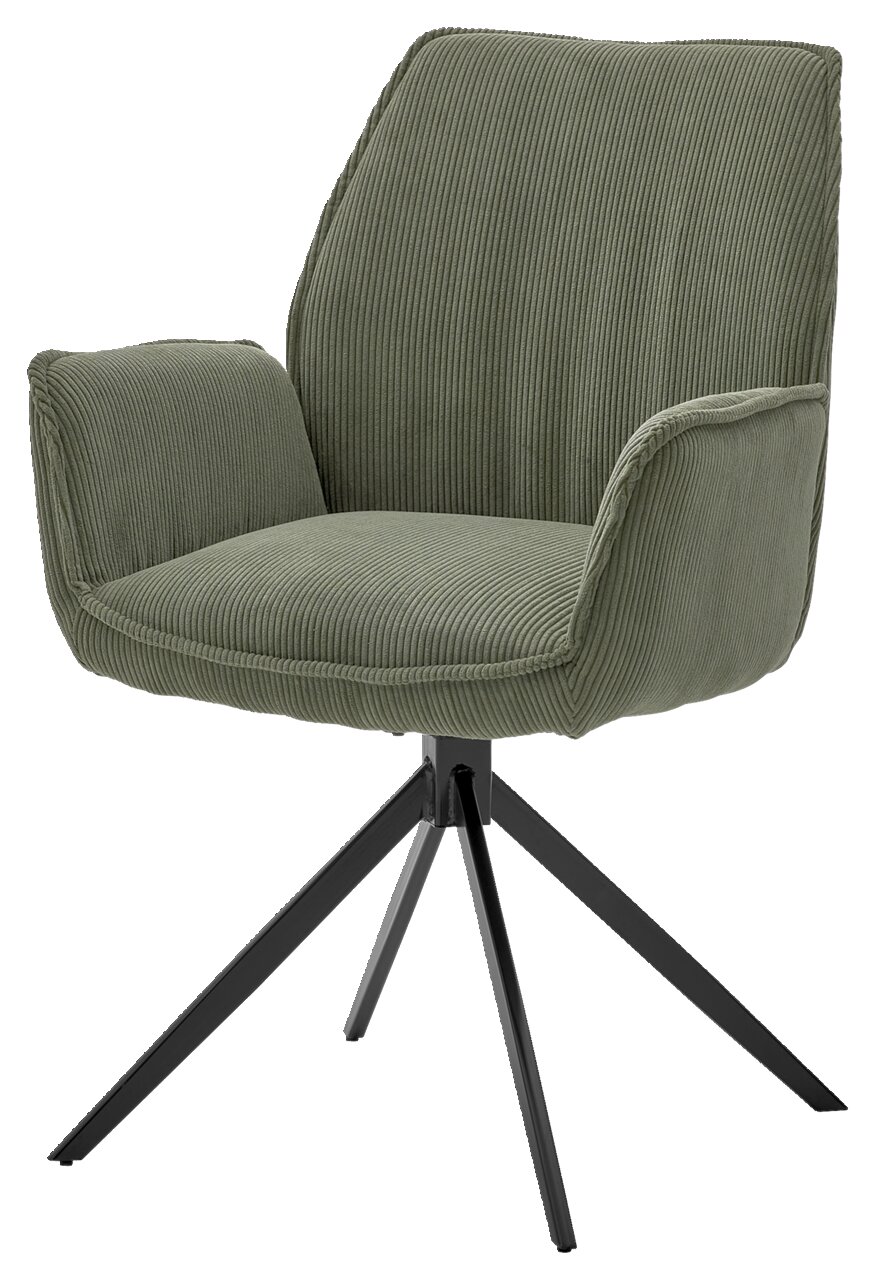 Grüner Armlehnstuhl mit geripptem Stoffbezug und schwarzem Metallgestell, seitliche Perspektive