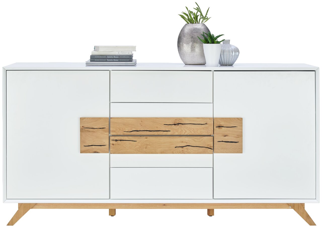 Modernes Sideboard in Weiß mit Holzdetails, frontal fotografiert, dekoriert mit Pflanzen und Büchern.
