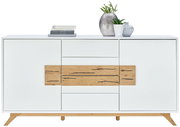 Modernes Sideboard in Weiß mit Holzdetails, frontal fotografiert, dekoriert mit Pflanzen und Büchern.