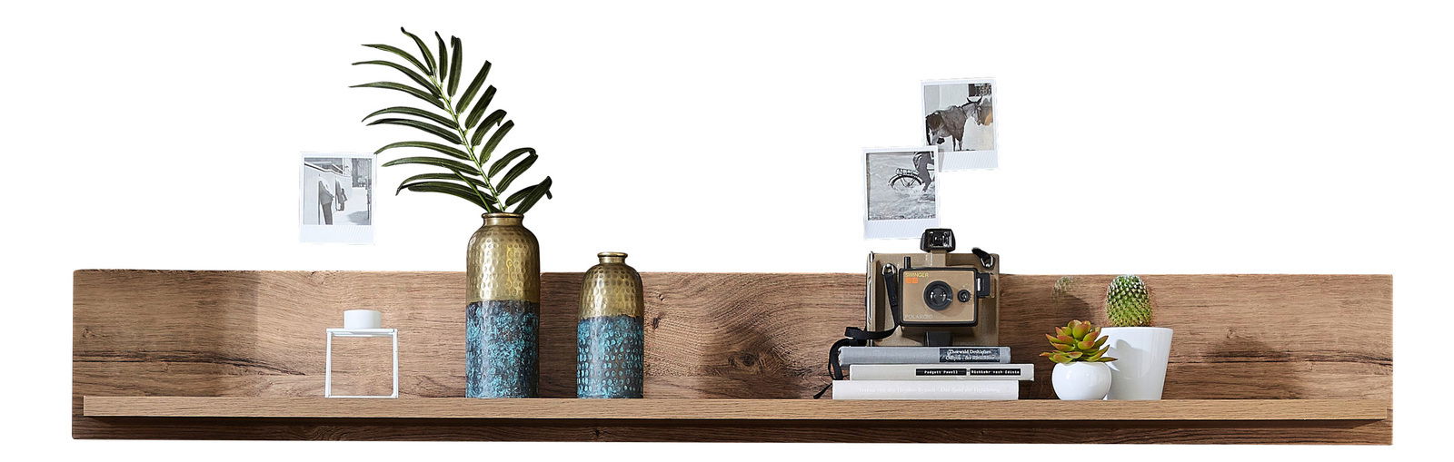 Holzwandregal mit Dekoration, darunter zwei Vasen mit Pflanzen, eine Vintage-Kamera, Bücher und kleine Pflanzen in Töpfen. Frontalansicht.