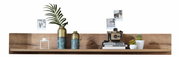 Holzwandregal mit Dekoration, darunter zwei Vasen mit Pflanzen, eine Vintage-Kamera, Bücher und kleine Pflanzen in Töpfen. Frontalansicht.