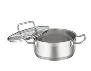 Bratentopf Expertiso 20cm aus Edelstahl mit Glasdeckel, seitliche Perspektive