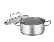 Bratentopf Expertiso 20cm aus Edelstahl mit Glasdeckel, seitliche Perspektive