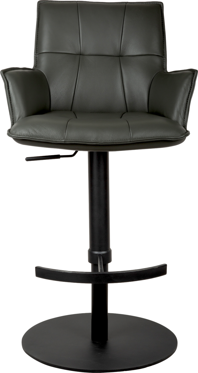 Dunkelgrauer Barhocker mit gepolsterter Rückenlehne und Armlehnen, schwarzem Metallgestell und rundem Tellerfuß, frontal von vorne fotografiert.