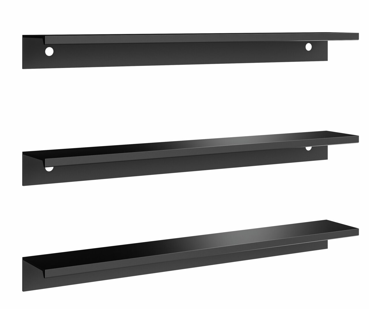 Drie zwarte, minimalistische wandplanken van metaal, gezien vanaf de voorkant.