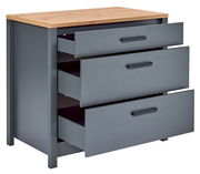 Schubkastenunterschrank mit drei offenen Schubladen, graue Fronten und Holzplatte, seitliche Perspektive