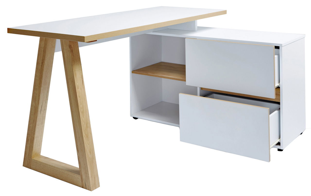 Jahnke Eckschreibtisch CLUB Moderner Eck-Schreibtisch mit weißer Oberfläche und Holzdetails, seitliche Perspektive