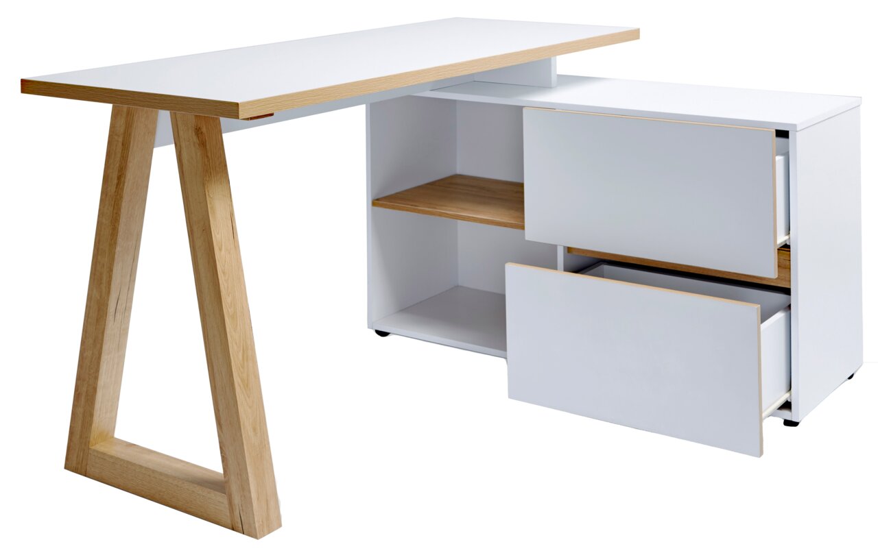 Moderner Eck-Schreibtisch mit weißer Oberfläche und Holzdetails, seitliche Perspektive