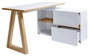Moderner Eck-Schreibtisch mit weißer Oberfläche und Holzdetails, seitliche Perspektive