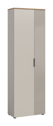 Moderner Garderobenschrank mit zwei Türen, eine davon mit vertikalen Rillen, aus seitlicher Perspektive.