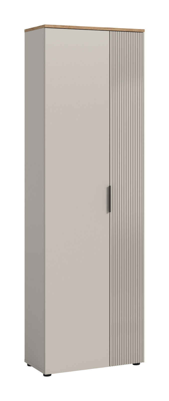 Moderner Garderobenschrank mit zwei Türen, eine davon mit vertikalen Rillen, aus seitlicher Perspektive.