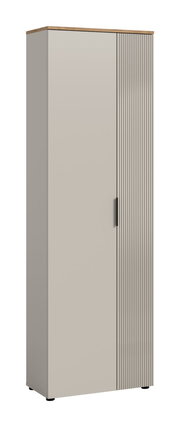 Moderner Garderobenschrank mit zwei Türen, eine davon mit vertikalen Rillen, aus seitlicher Perspektive.