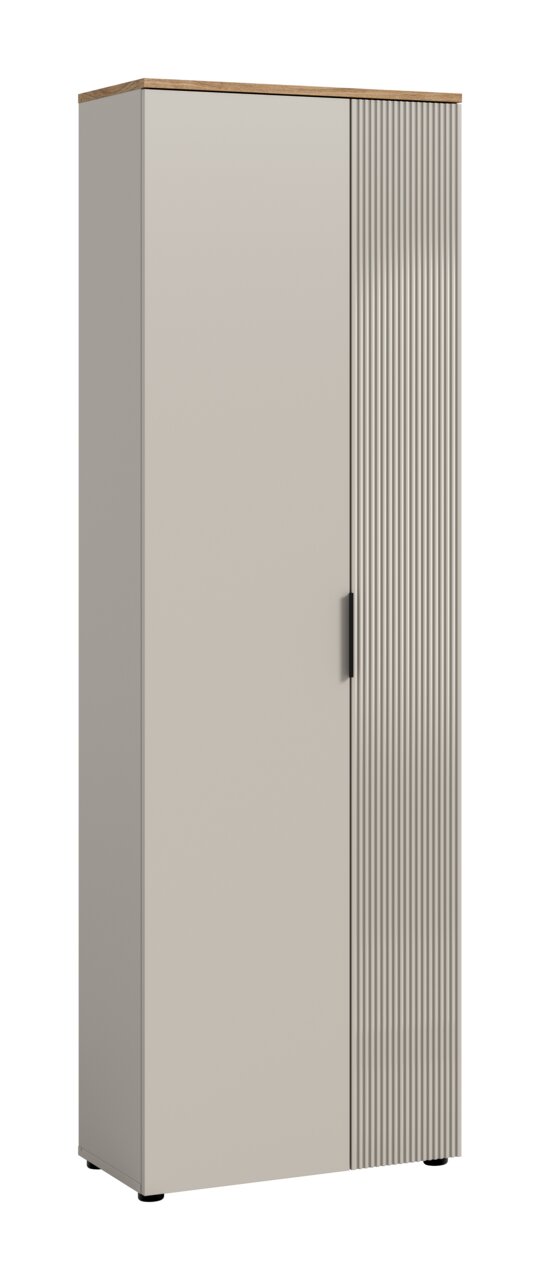 Moderner Garderobenschrank mit zwei Türen, eine davon mit vertikalen Rillen, aus seitlicher Perspektive.