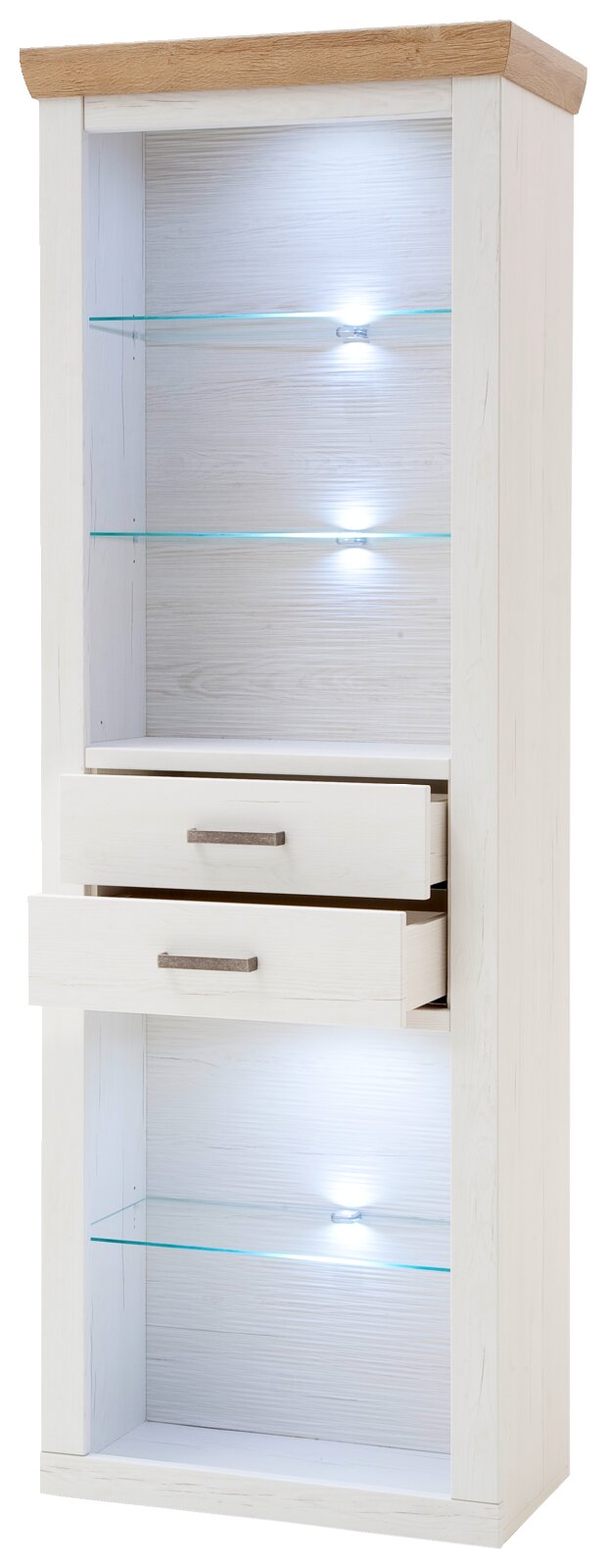 Landscape Combinatierek BREGENZ Hohe weiße Vitrine im Landhausstil mit Holzkranz oben, zwei Schubladen, drei Glasböden und LED-Beleuchtung, freigestellt, Frontansicht leicht von rechts