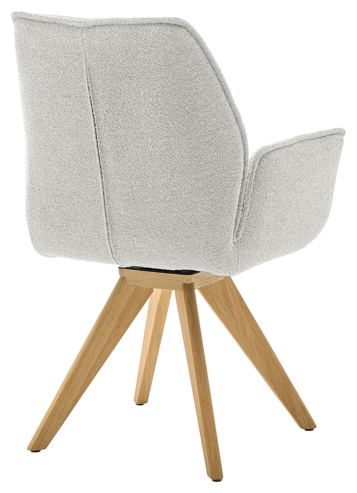 Rückansicht eines modernen Armlehnstuhls mit hellgrauem Stoffbezug und Holzbeinen.