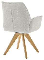 Rückansicht eines modernen Armlehnstuhls mit hellgrauem Stoffbezug und Holzbeinen.