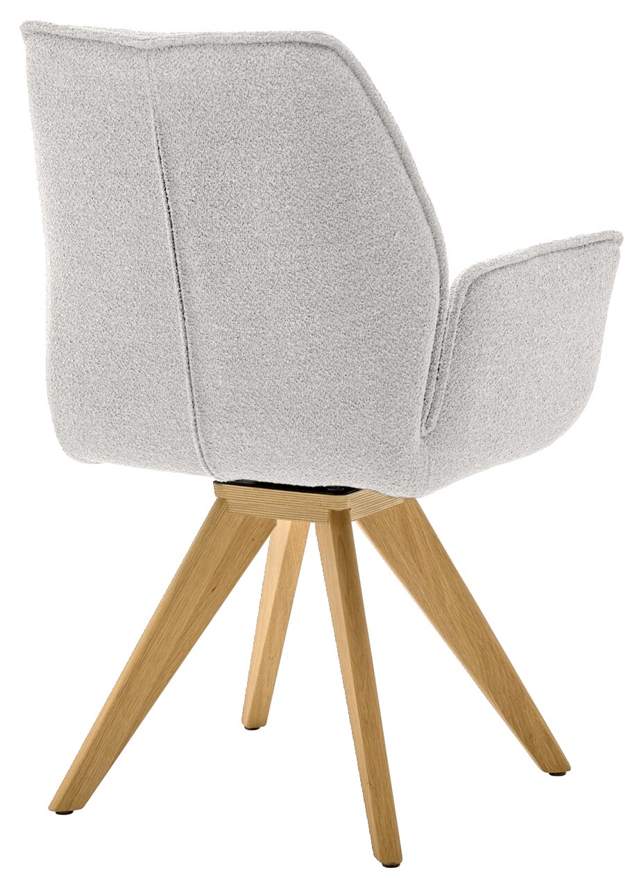 Rückansicht eines modernen Armlehnstuhls mit hellgrauem Stoffbezug und Holzbeinen.