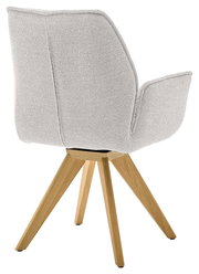 Rückansicht eines modernen Armlehnstuhls mit hellgrauem Stoffbezug und Holzbeinen.