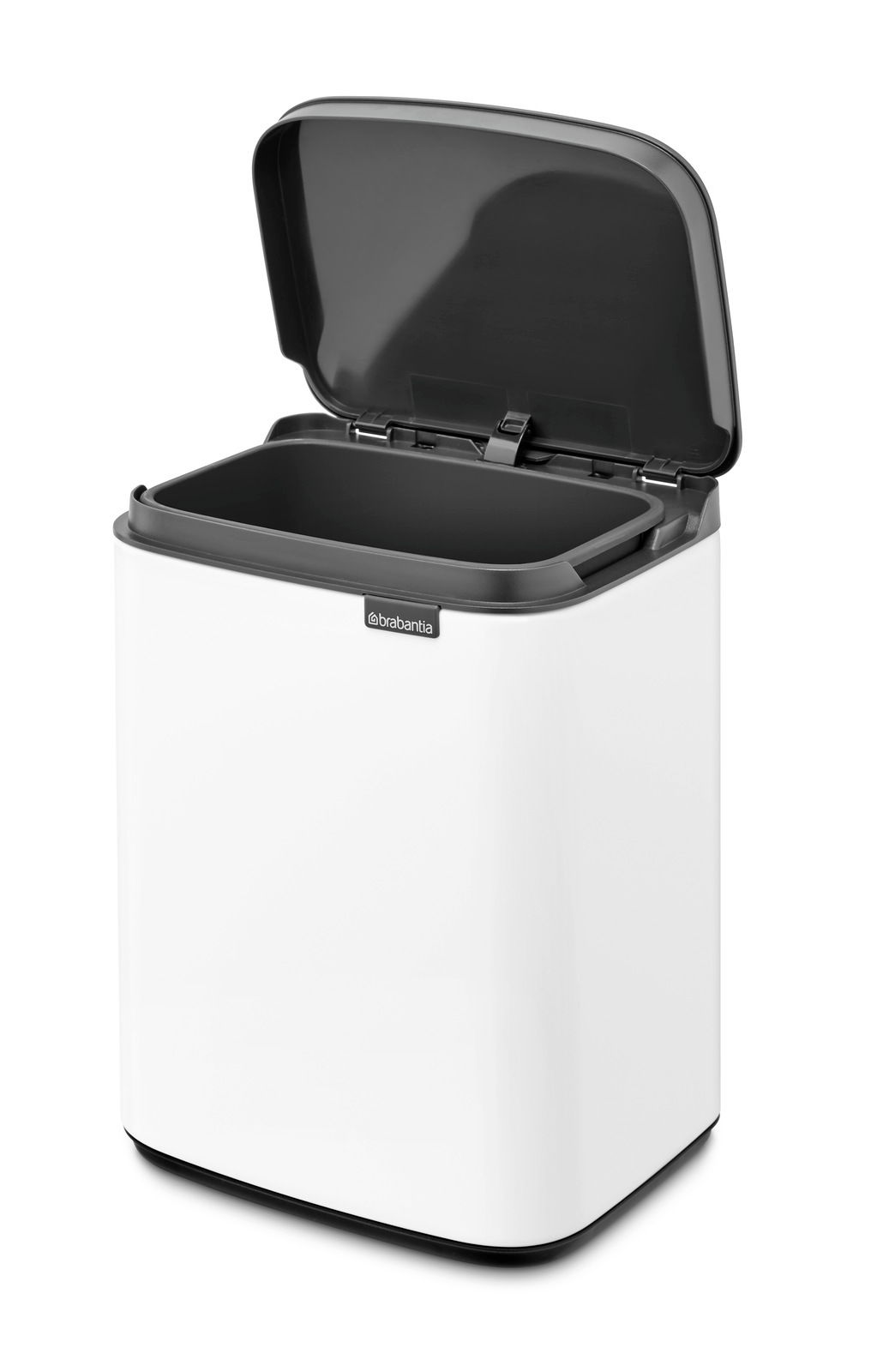 Brabantia Abfallbehälter 4L BO Weißer Abfallbehälter Bo 4L mit geöffnetem Deckel, seitliche Perspektive