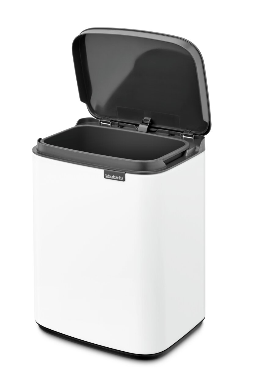 Brabantia Abfallbehälter 4L BO Weißer Abfallbehälter Bo 4L mit geöffnetem Deckel, seitliche Perspektive