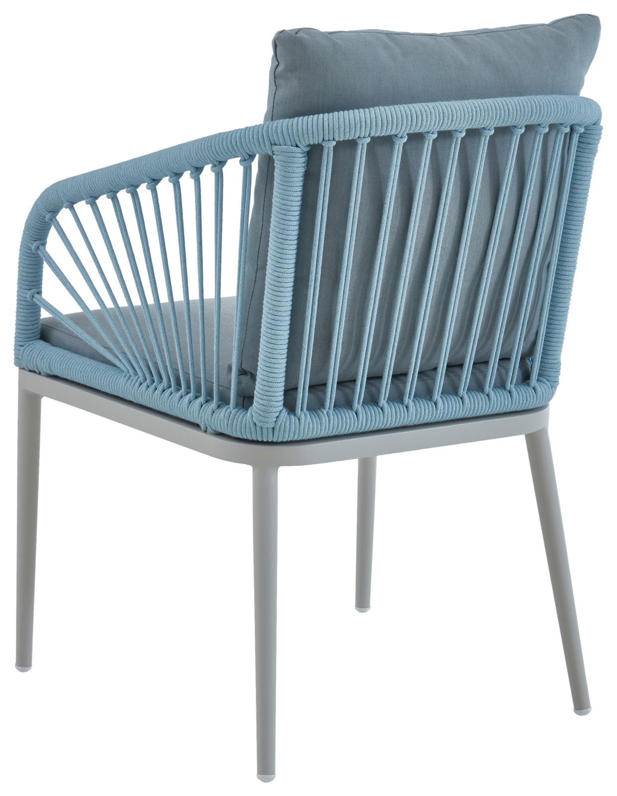 Rückansicht eines Sessels mit blauer Seilbespannung und Kissen, modernes Design