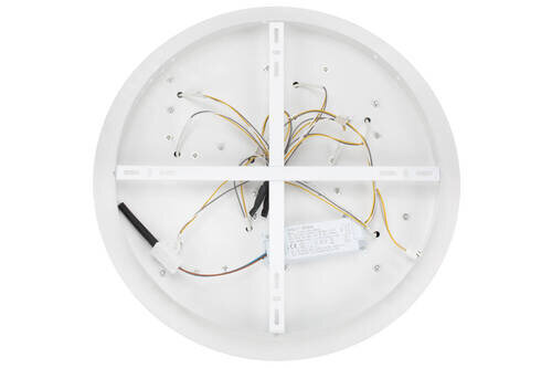 Rückansicht einer runden LED-Deckenleuchte mit sichtbaren Kabeln und Montageelementen.