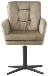 Frontansicht eines beigen Armlehnstuhls mit gepolstertem Sitz und schwarzem Drehfuß.