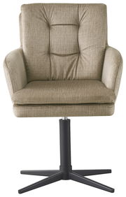 Frontansicht eines beigen Armlehnstuhls mit gepolstertem Sitz und schwarzem Drehfuß.