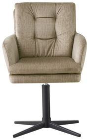 Frontansicht eines beigen Armlehnstuhls mit gepolstertem Sitz und schwarzem Drehfuß.