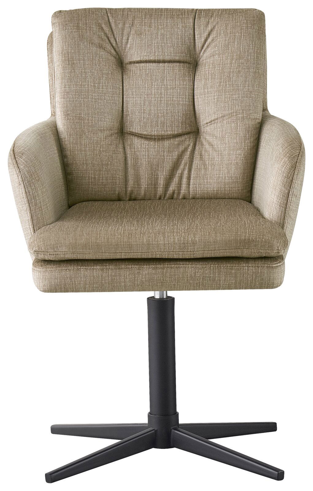 Frontansicht eines beigen Armlehnstuhls mit gepolstertem Sitz und schwarzem Drehfuß.