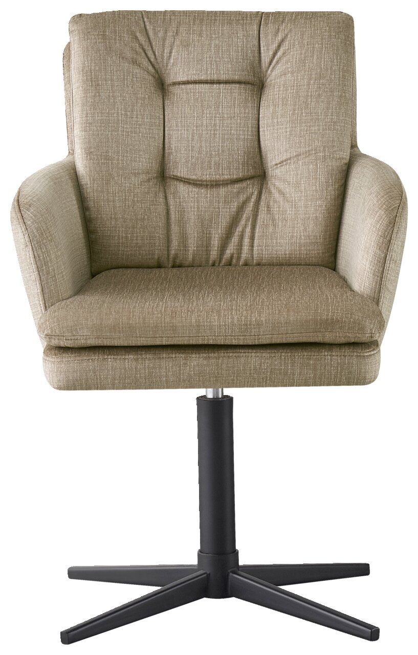 Frontansicht eines beigen Armlehnstuhls mit gepolstertem Sitz und schwarzem Drehfuß.