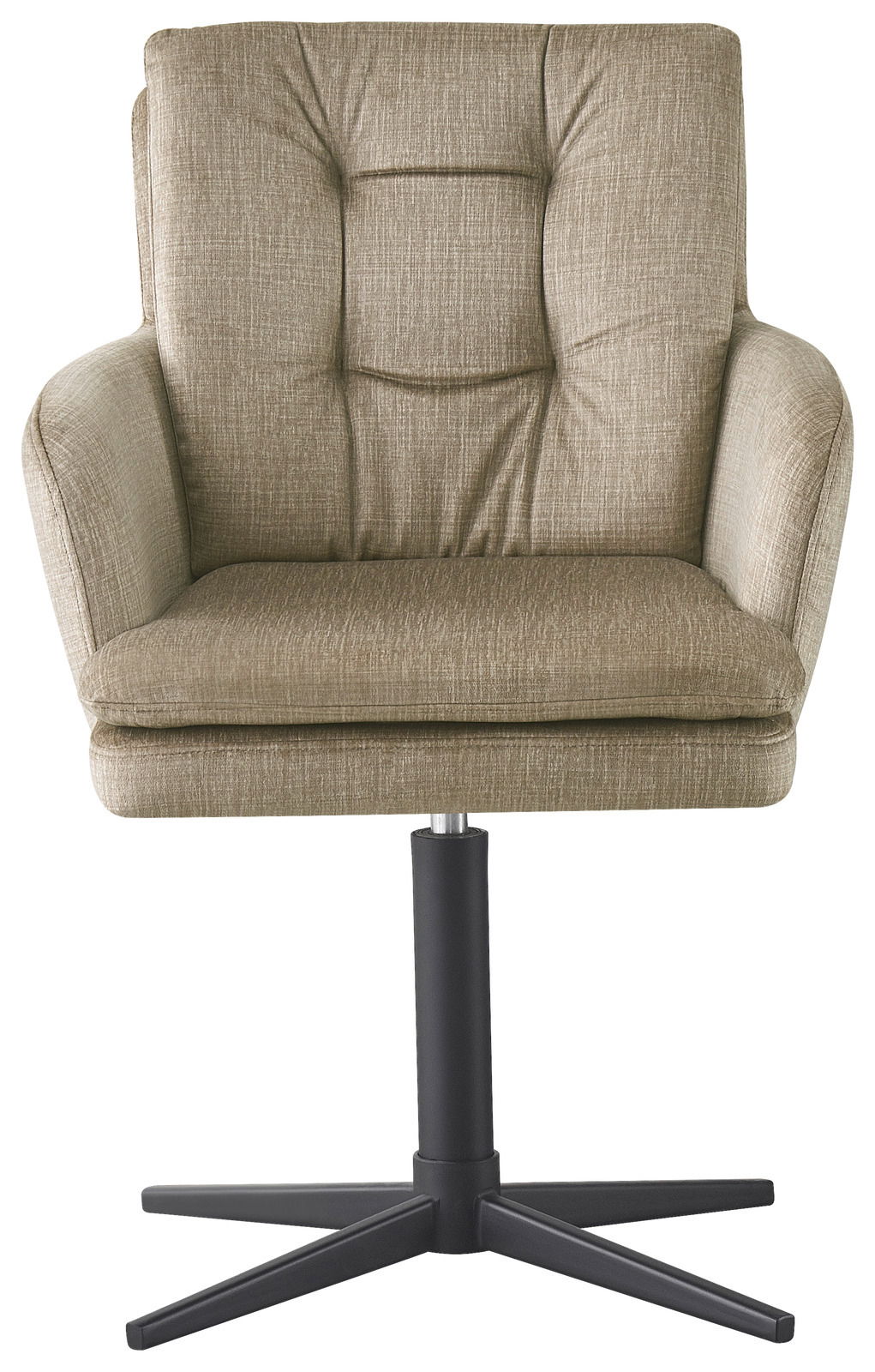 Frontansicht eines beigen Armlehnstuhls mit gepolstertem Sitz und schwarzem Drehfuß.