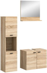 Badkombination aus Holzoptik mit Spiegelschrank, hohem Schrank und Unterschrank, frontal betrachtet.