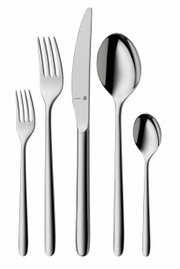 Set aus poliertem Edelstahlbesteck bestehend aus Gabel, Messer, Esslöffel, Dessertgabel und Teelöffel, frontal abgebildet.