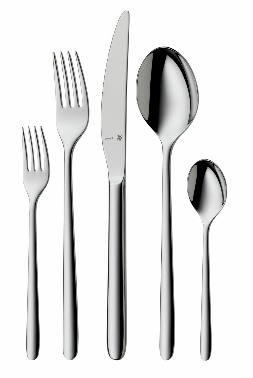 Set aus poliertem Edelstahlbesteck bestehend aus Gabel, Messer, Esslöffel, Dessertgabel und Teelöffel, frontal abgebildet.