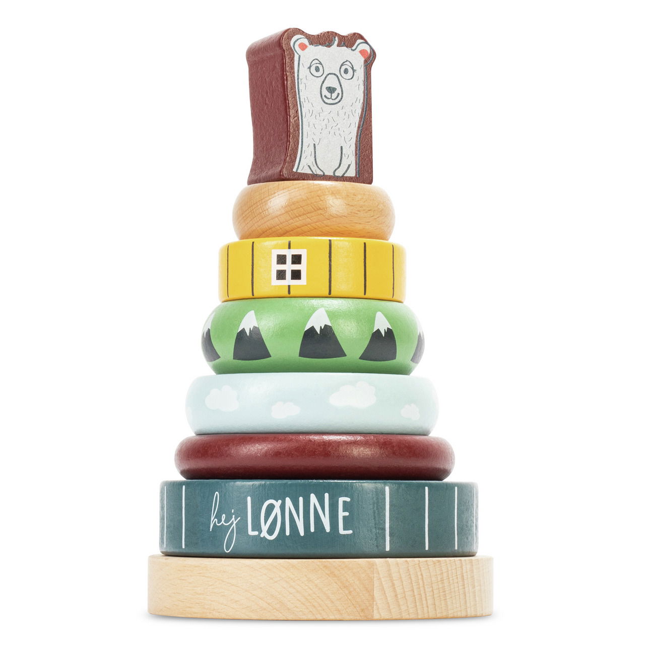 Holz-Stapelturm mit bunten Ringen und einem Bärenkopf auf der Spitze, frontal fotografiert.