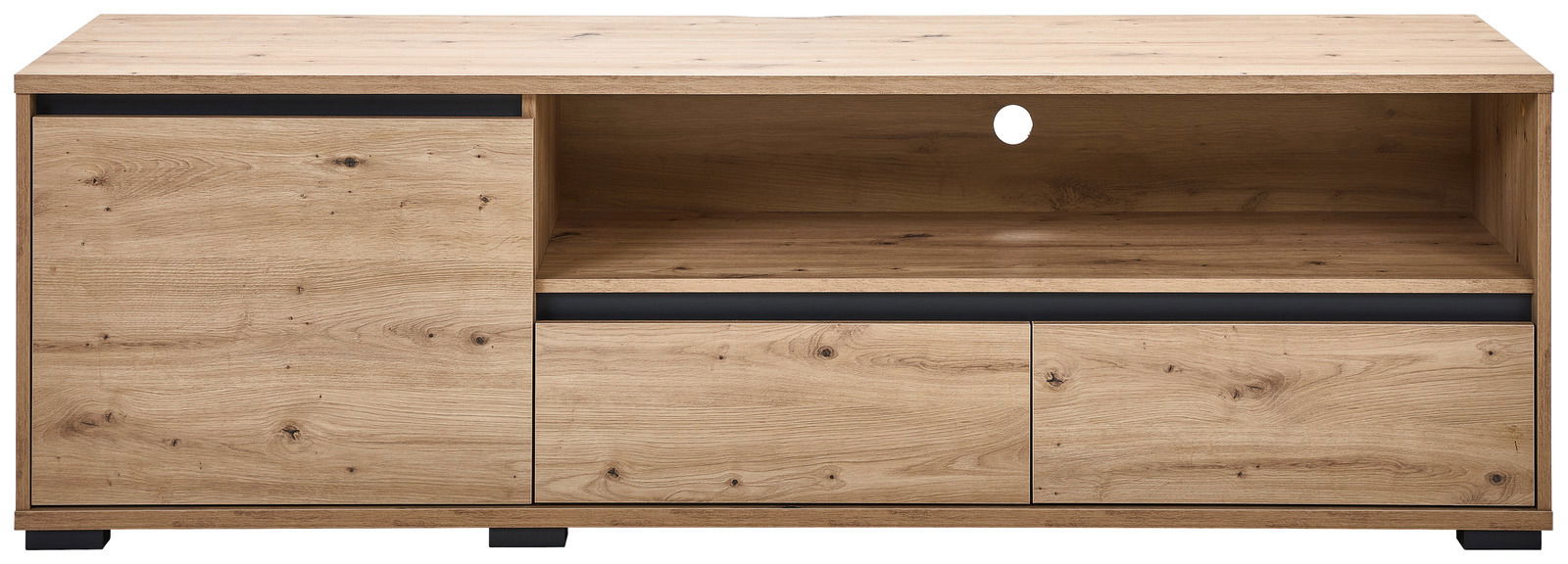 TV-Lowboard aus Holz in Frontansicht mit offenen Fächern und Schubladen.
