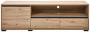 TV-Lowboard aus Holz in Frontansicht mit offenen Fächern und Schubladen.