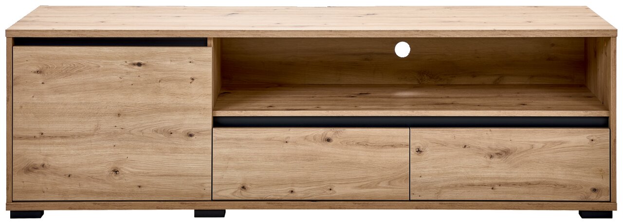 TV-Lowboard aus Holz in Frontansicht mit offenen Fächern und Schubladen.