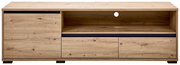 TV-Lowboard aus Holz in Frontansicht mit offenen Fächern und Schubladen.