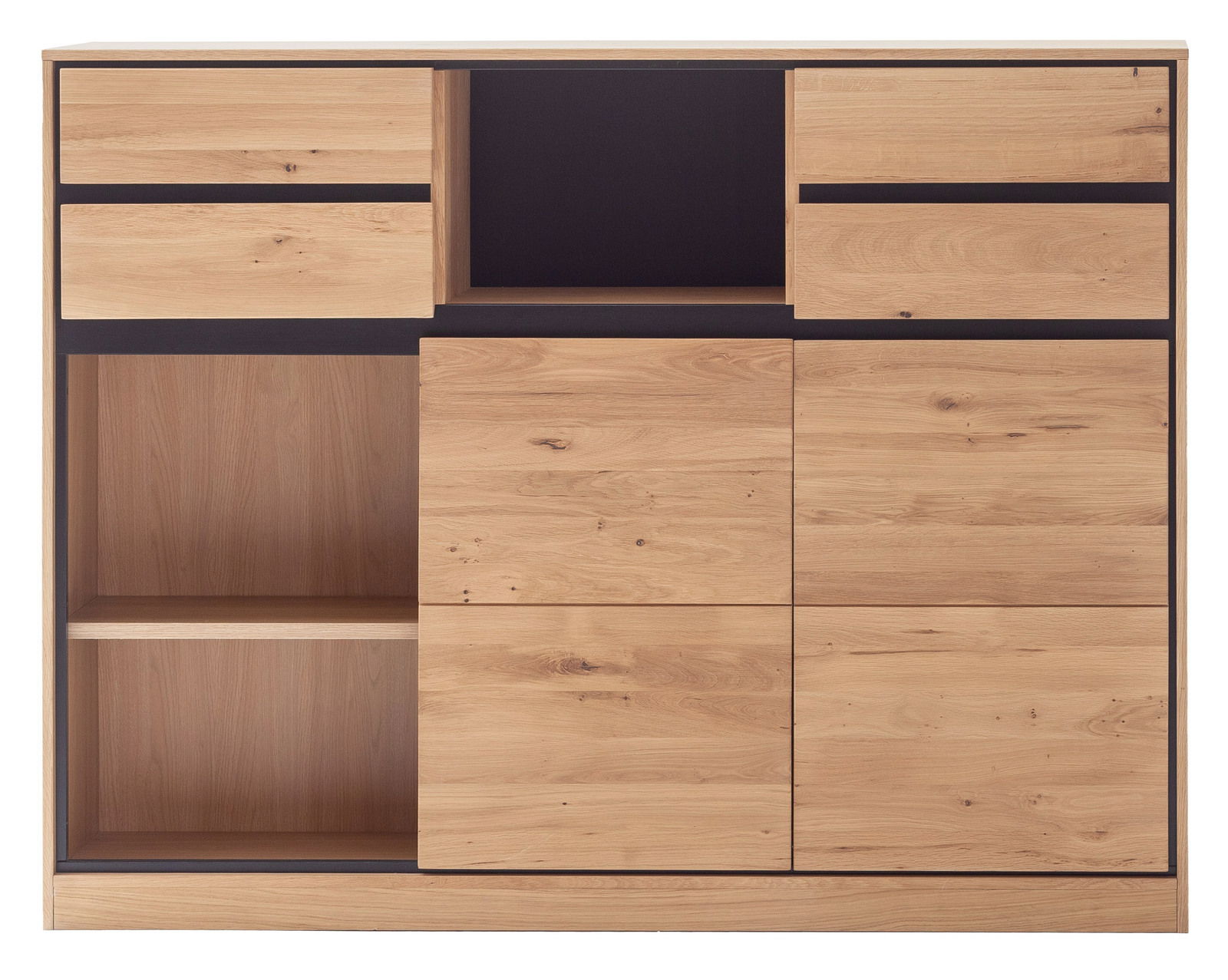 Frontale Ansicht eines modernen Bücherregals aus Holz mit mehreren offenen und geschlossenen Fächern.