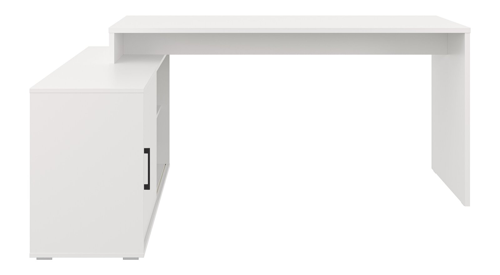 Weißer Eckschreibtisch mit integriertem Sideboard und schwarzem Griff, Ansicht schräg von vorne