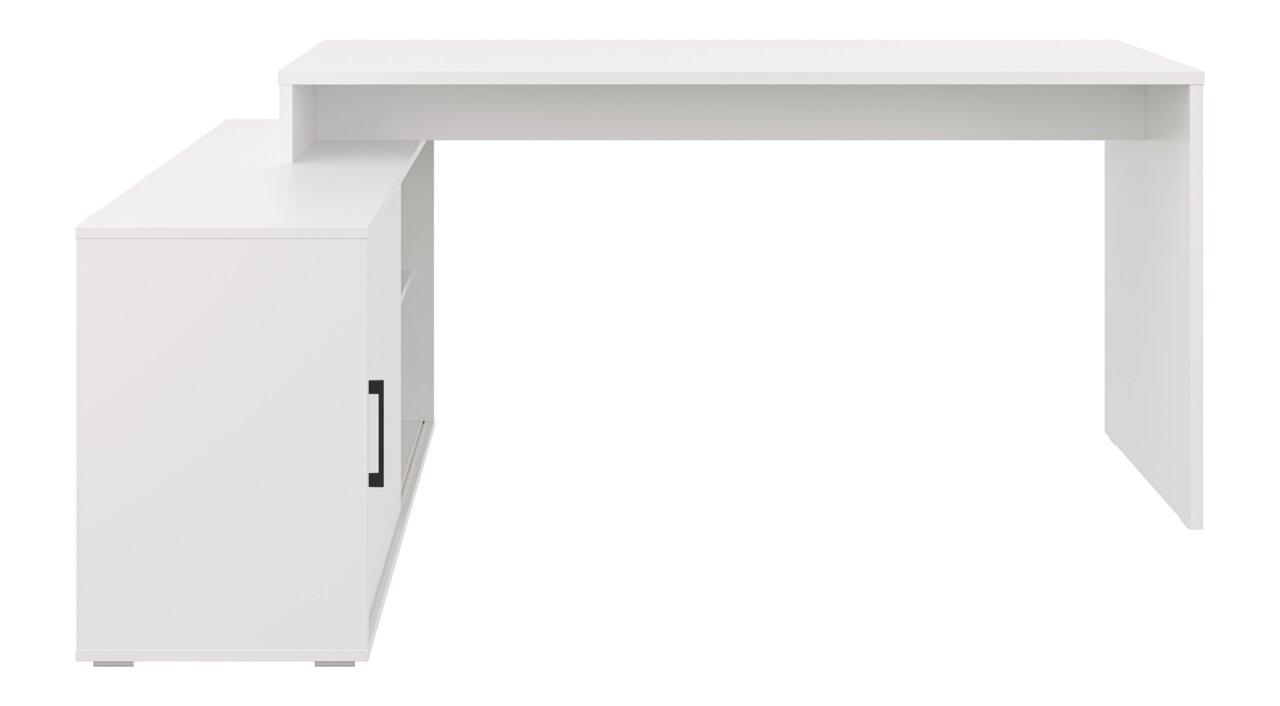 Wit hoekbureau met ingebouwd dressoir en zwarte handgreep, schuin vooraanzicht