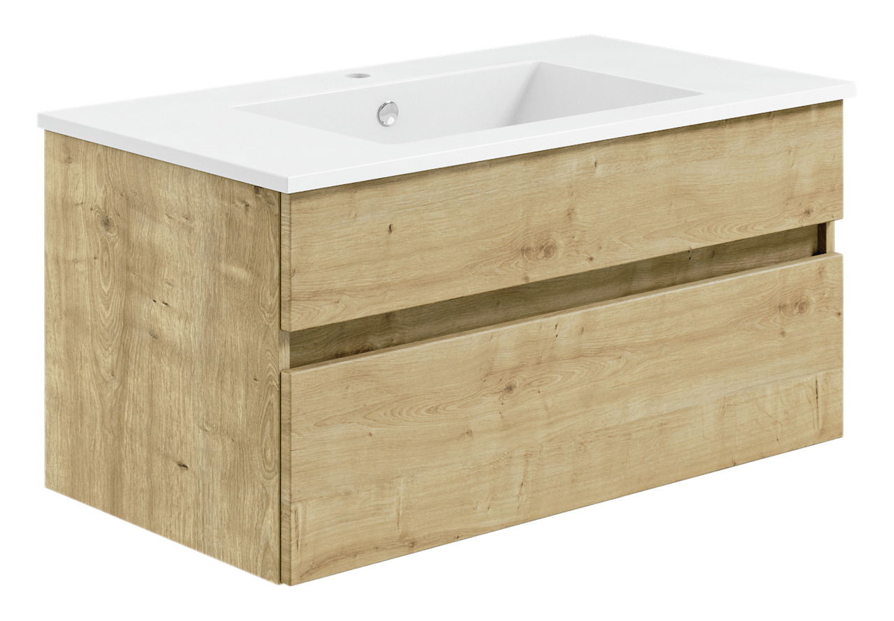 Waschtisch mit Holzoptik und zwei Schubladen, seitliche Perspektive