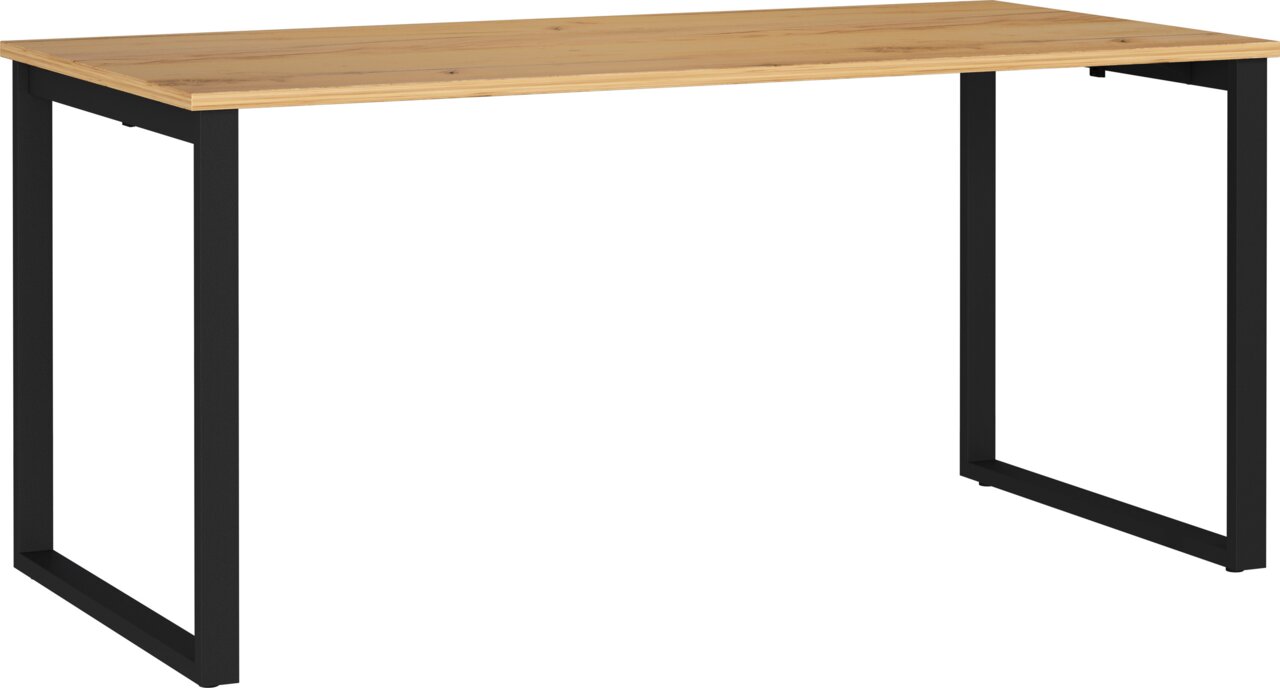 Rechteckiger Tisch mit heller Holzplatte und schwarzen Metall-Kufenbeinen, schräg von vorne in leichter Seitenansicht fotografiert