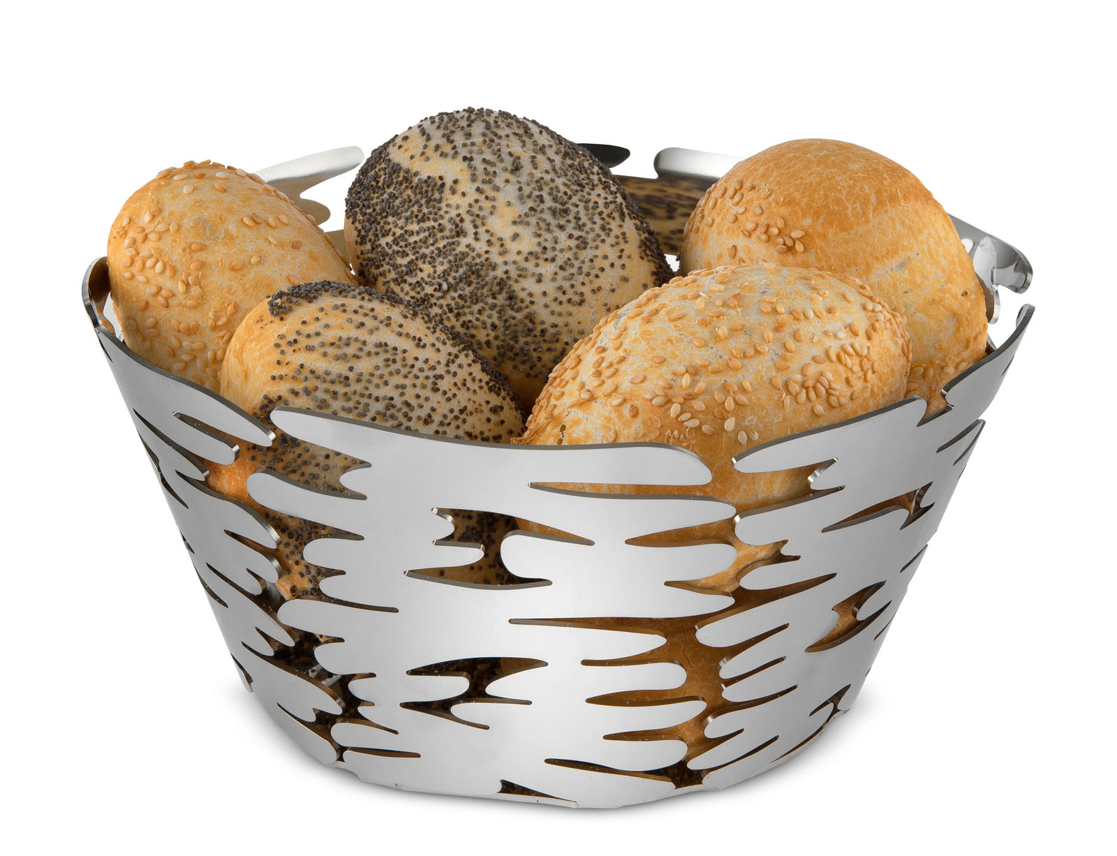 Moderne Korbschale aus Metall mit Brötchen, seitliche Perspektive